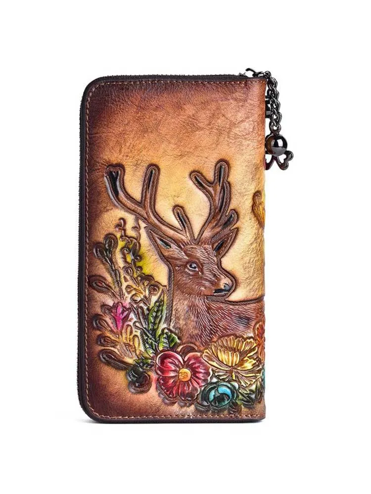 Hand Painted Women Wallets Card Holder Long Zipper Cowhide Phone Purse