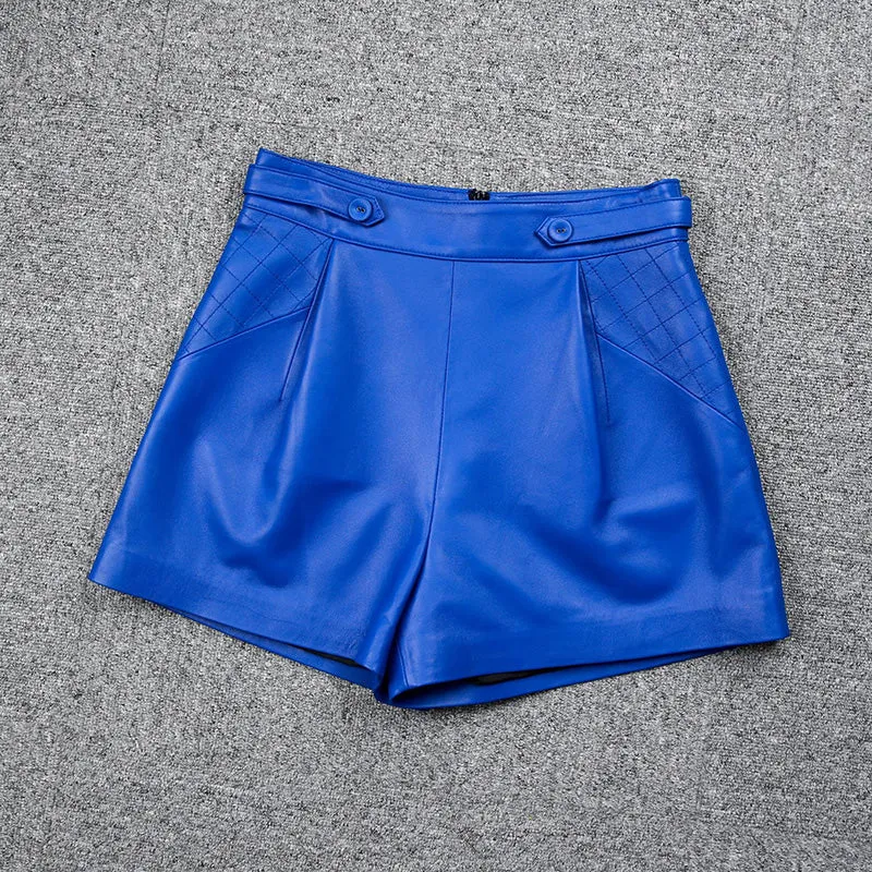 Lady Genuine Leather Sheepskin Leather Shorts Pants High Waist A-line Solid 2022 New TF4744