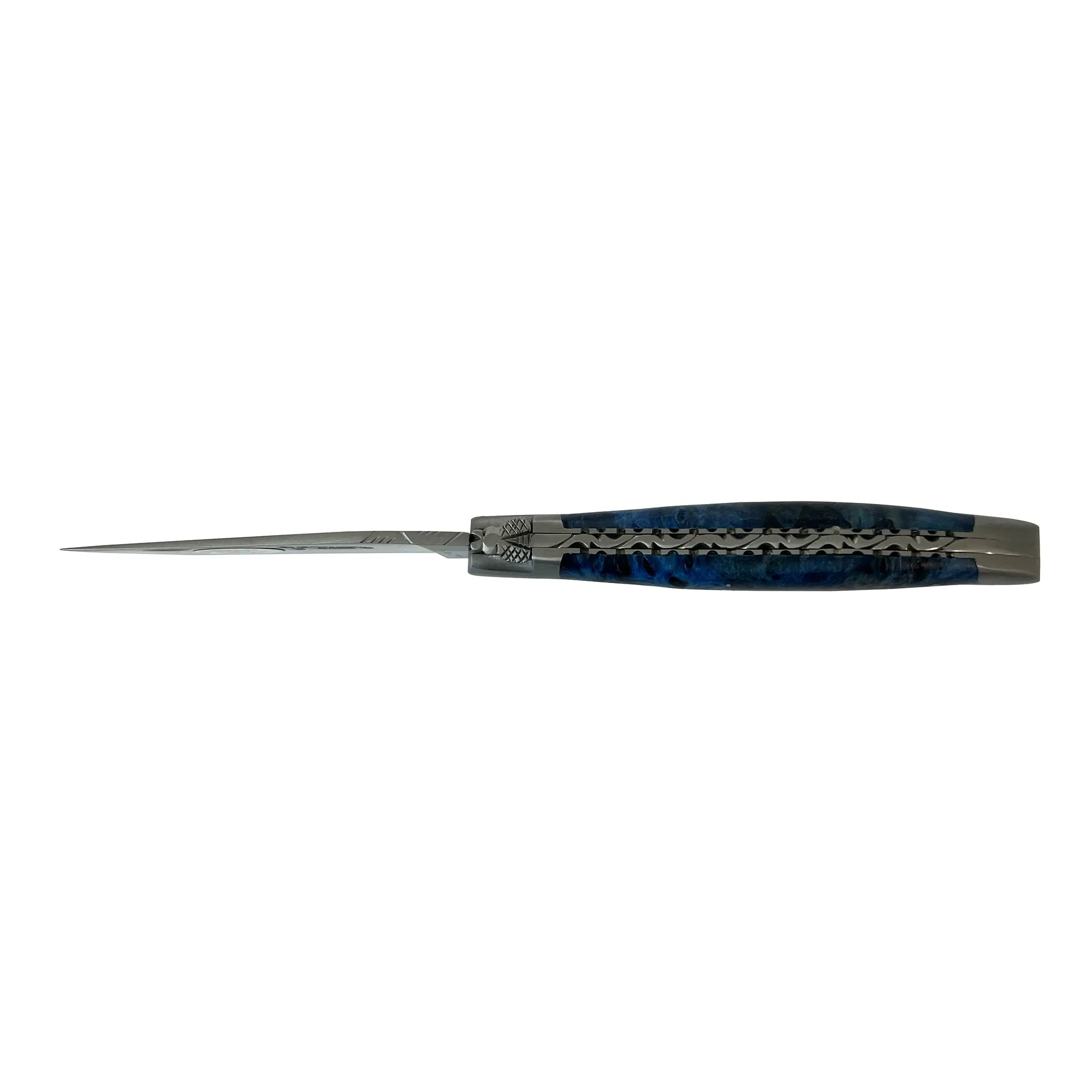 Laguiole en Aubrac Handcarved Plates Multipurpose Knife with Stabilized Blue Poplar Burl Handle, 4.75-Inches