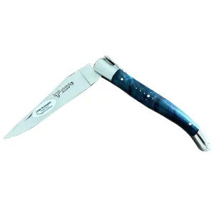 Laguiole en Aubrac Handcarved Plates Multipurpose Knife with Stabilized Blue Poplar Burl With Veins Handle, 4.75-Inches