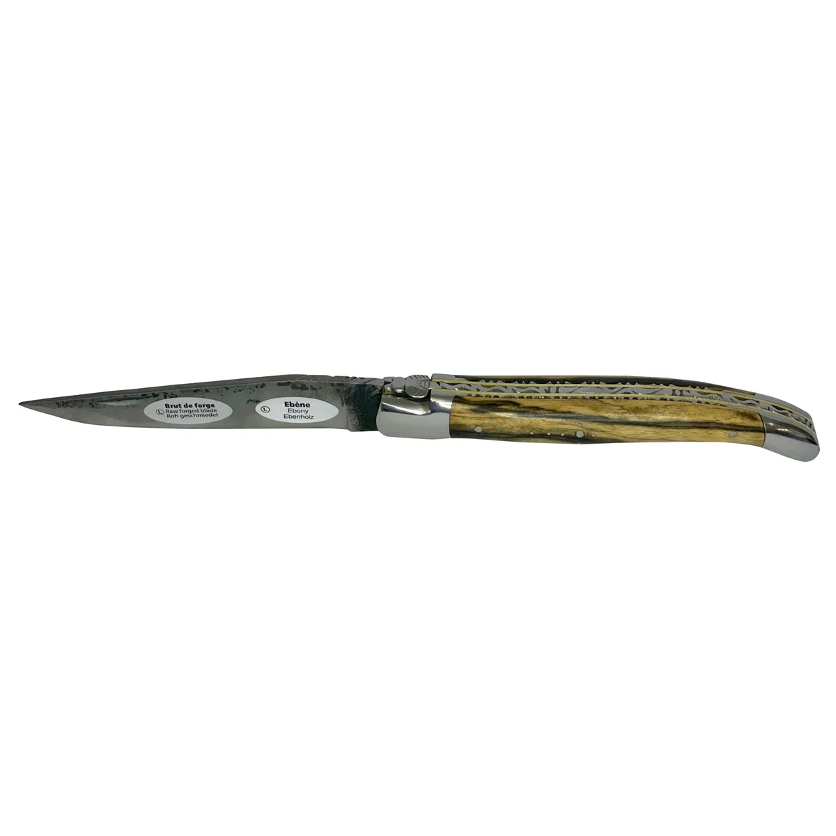 Laguiole en Aubrac Handcrafted Double Brass & Stainless Plates Multipurpose Knife, Royal Ebony Wood Handle, Raw Forged Blade, 4.75-Inches