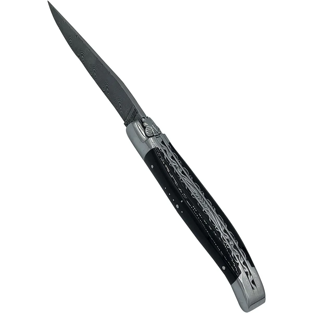 Laguiole en Aubrac Handcrafted Explosion Damascus Double Plates Multipurpose Knife with Shiny Bolsters, Buffalo Horn Handle, 4.75 inches