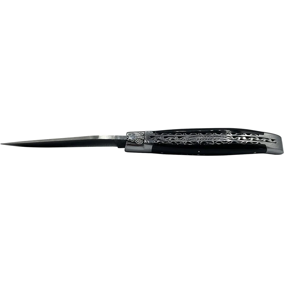 Laguiole en Aubrac Handcrafted Explosion Damascus Double Plates Multipurpose Knife with Shiny Bolsters, Buffalo Horn Handle, 4.75 inches
