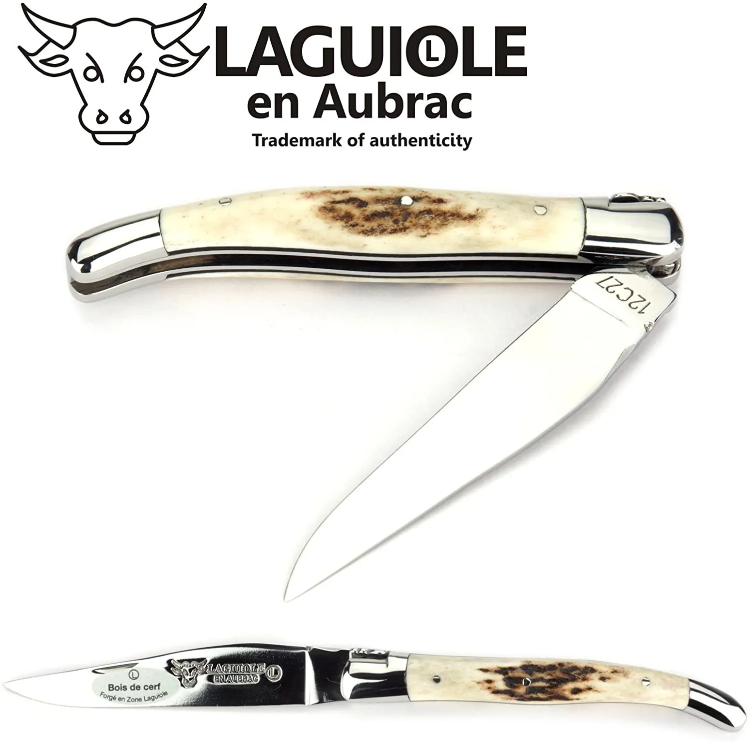 Laguiole en Aubrac Handcrafted Plated Multipurpose Knife, Deer Horn Crust Handle, 4.33 inches
