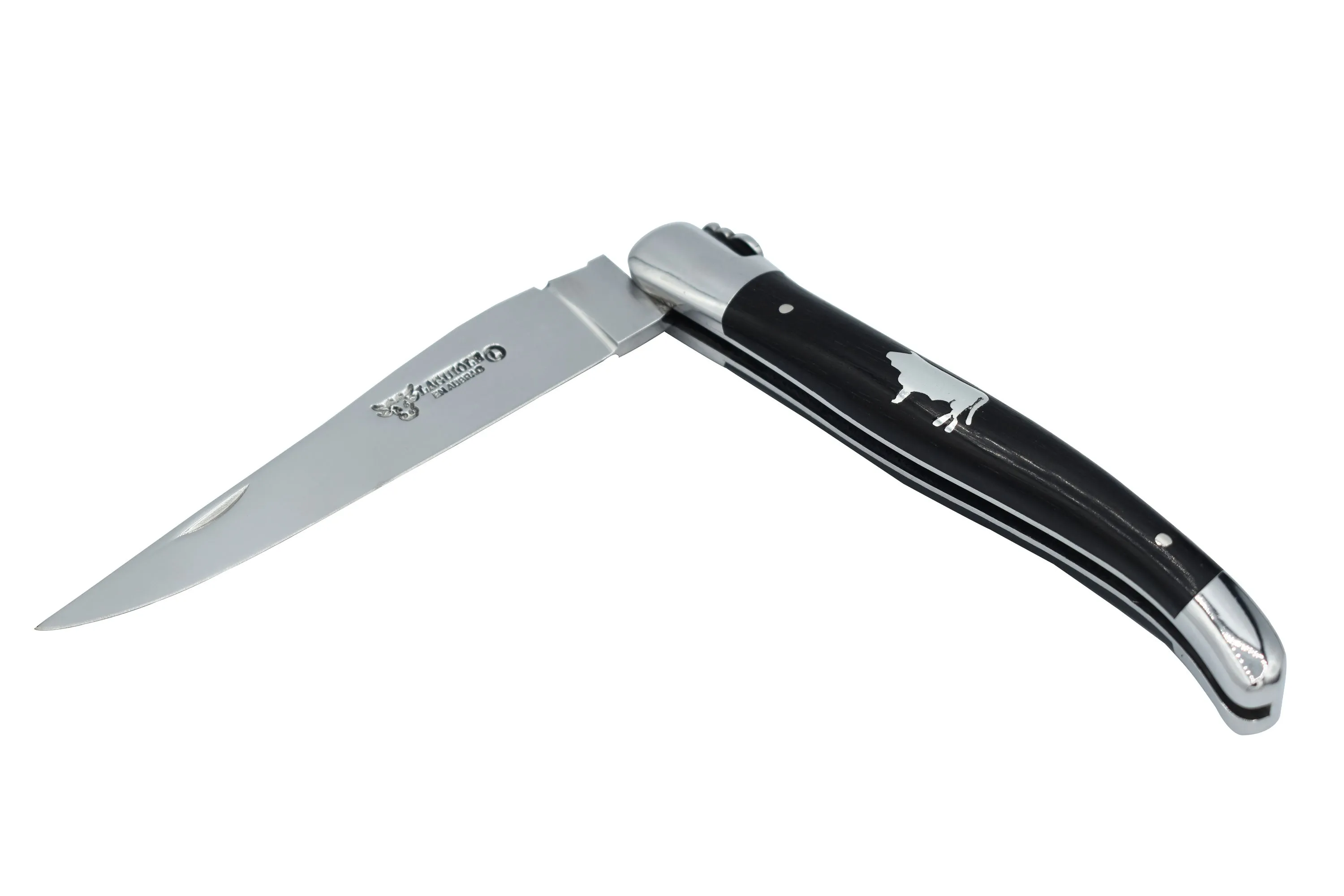 Laguiole en Aubrac Handmade Luxury Plates Multipurpose Knife with Ebony with Inlay Bull, Handle, 4.7-in
