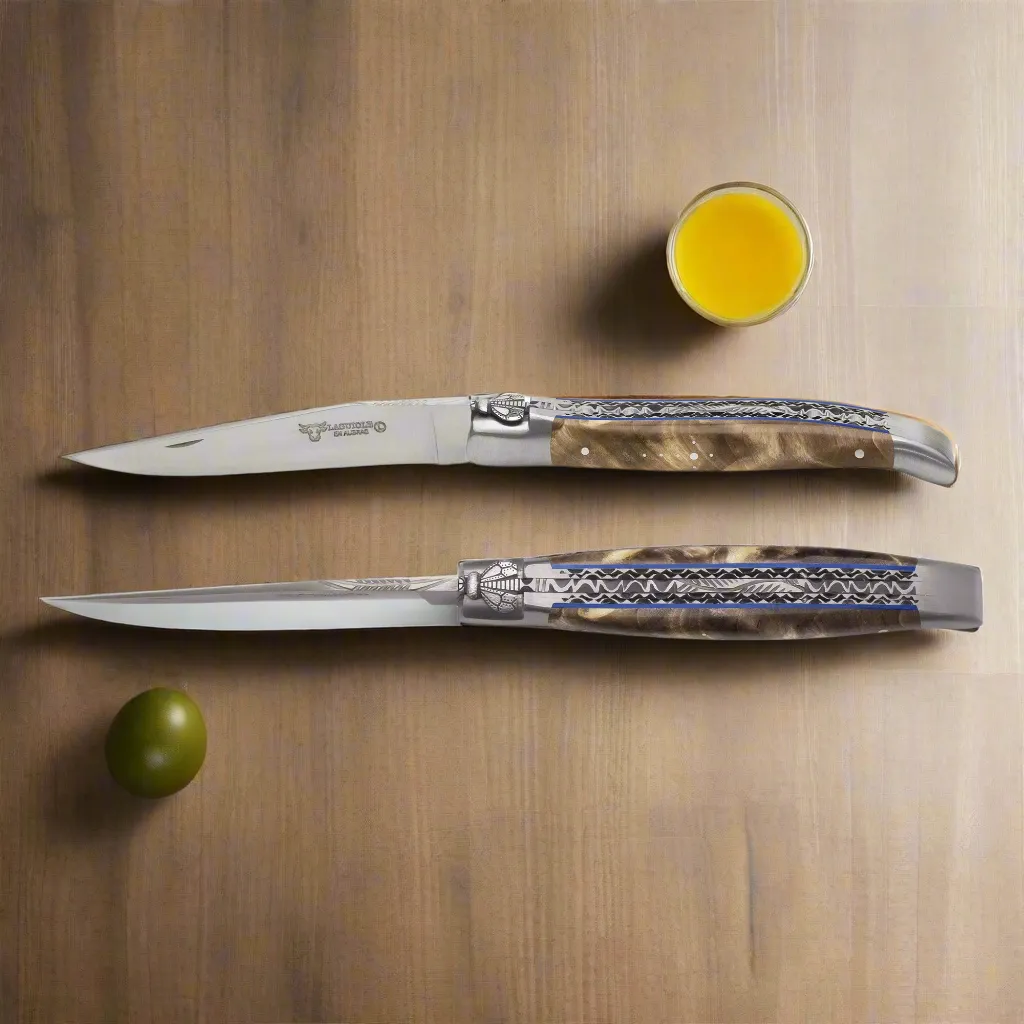 Laguiole en Aubrac Limited Edition With Two Handcarved Plates Multipurpose Knife And Blackened Poplar Burl Handle, 4.75-Inches