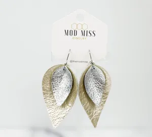 Leather Stacked Petal Earring "MetSilver MetPearl": Metallic Silver on Metallic Pearl