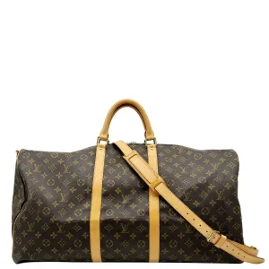 LOUIS VUITTON Keepall 60 Bandouliere Monogram Canvas Travel Bag Brown