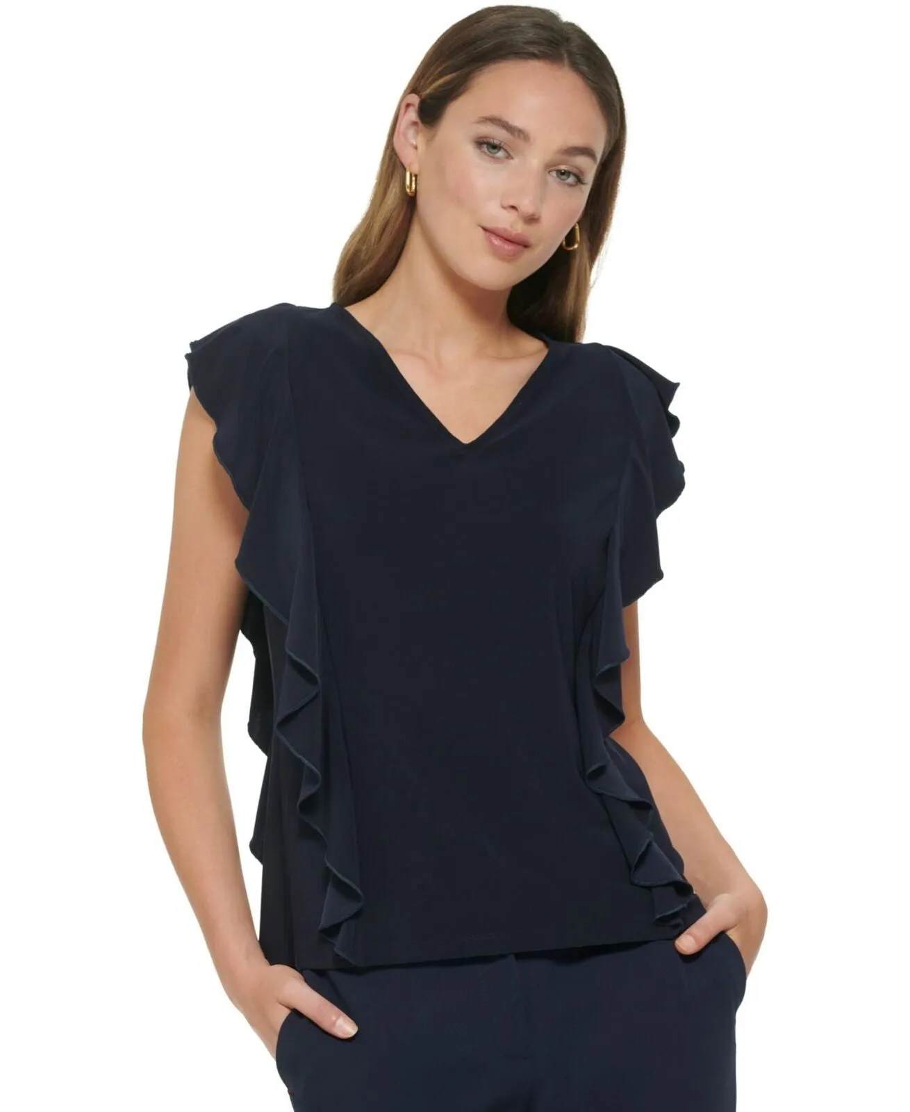 Tommy Hilfiger Womens V Neck Ruffled Pullover Top H28TM29A Midnight Blur XL